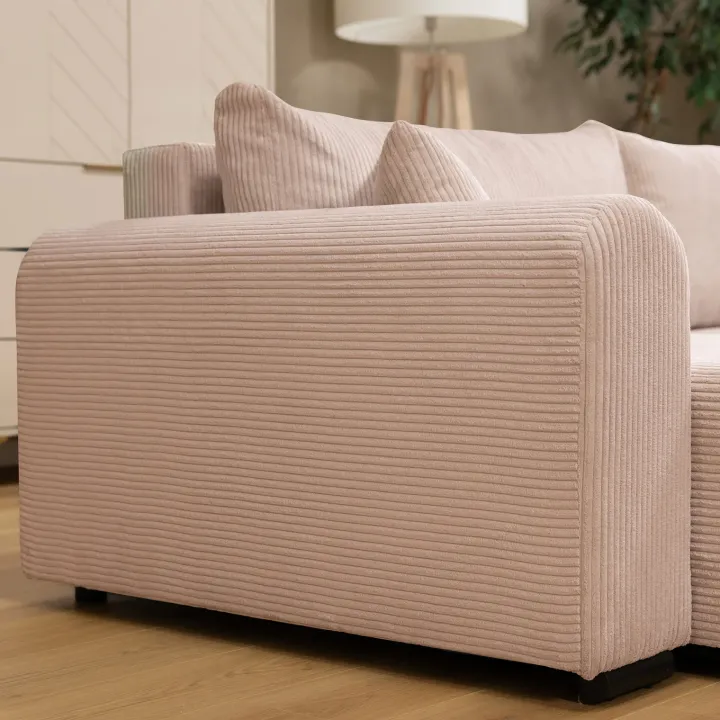 Divano letto angolare reversibile 4 posti 285x188cm con contenitore tessuto velluto a coste rosa Soft