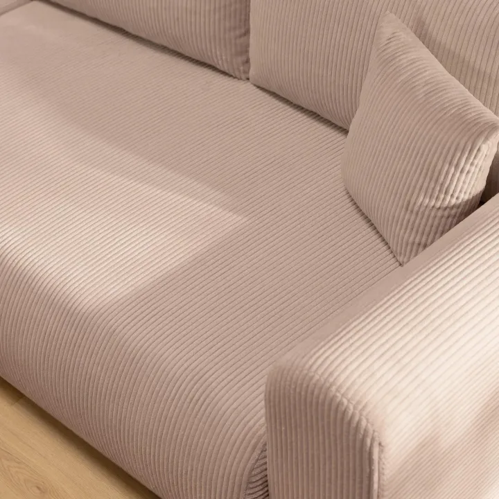Divano letto angolare reversibile 4 posti 285x188cm con contenitore tessuto velluto a coste rosa Soft