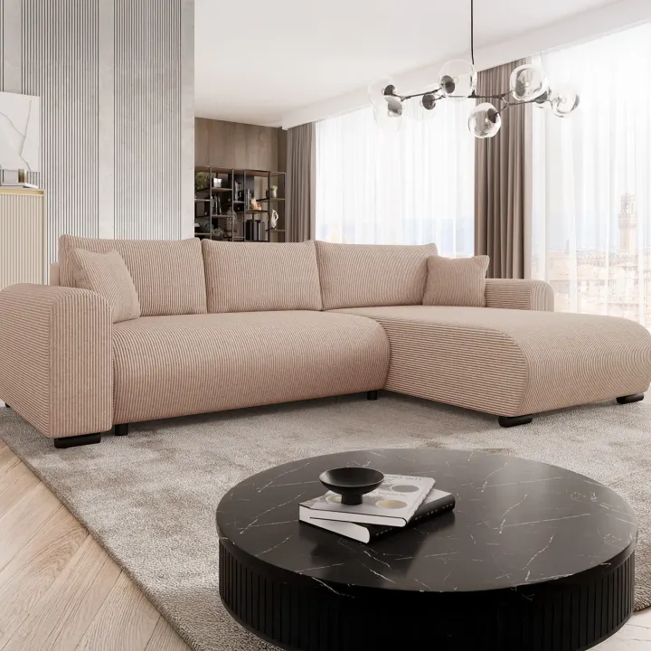 Divano letto angolare reversibile 4 posti 285x188cm con contenitore tessuto velluto a coste rosa Soft