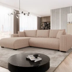 Divano letto angolare reversibile 4 posti 285x188cm con contenitore tessuto velluto a coste rosa Soft