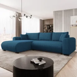 Divano letto angolare reversibile 4 posti 285x188cm con contenitore tessuto velluto a coste blu navy Soft