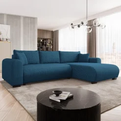 Divano letto angolare reversibile 4 posti 285x188cm con contenitore tessuto velluto a coste blu navy Soft
