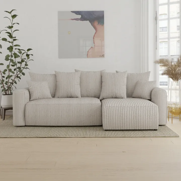 Divano letto angolare reversibile 238x142cm velluto a coste con libreria a sinistra beige Mistery