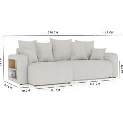 Divano letto angolare reversibile 238x142cm velluto a coste con libreria a sinistra beige Mistery