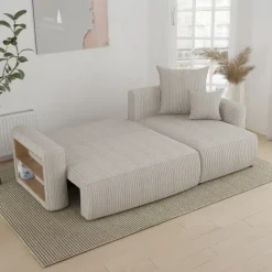 Divano letto angolare reversibile 238x142cm velluto a coste con libreria a sinistra beige Mistery