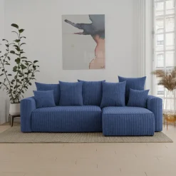Divano letto angolare reversibile 238x142cm velluto a coste con libreria a sinistra blu Mistery