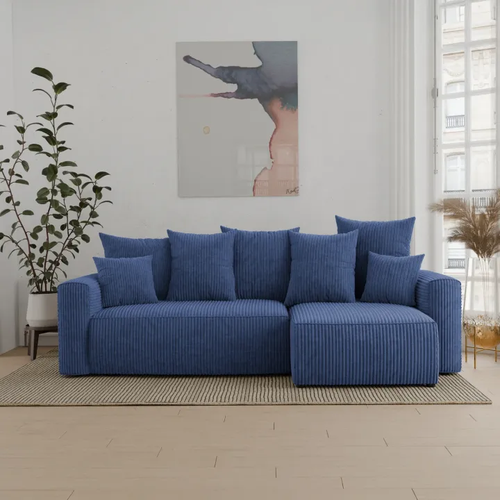 Divano letto angolare reversibile 238x142cm velluto a coste con libreria a sinistra blu Mistery