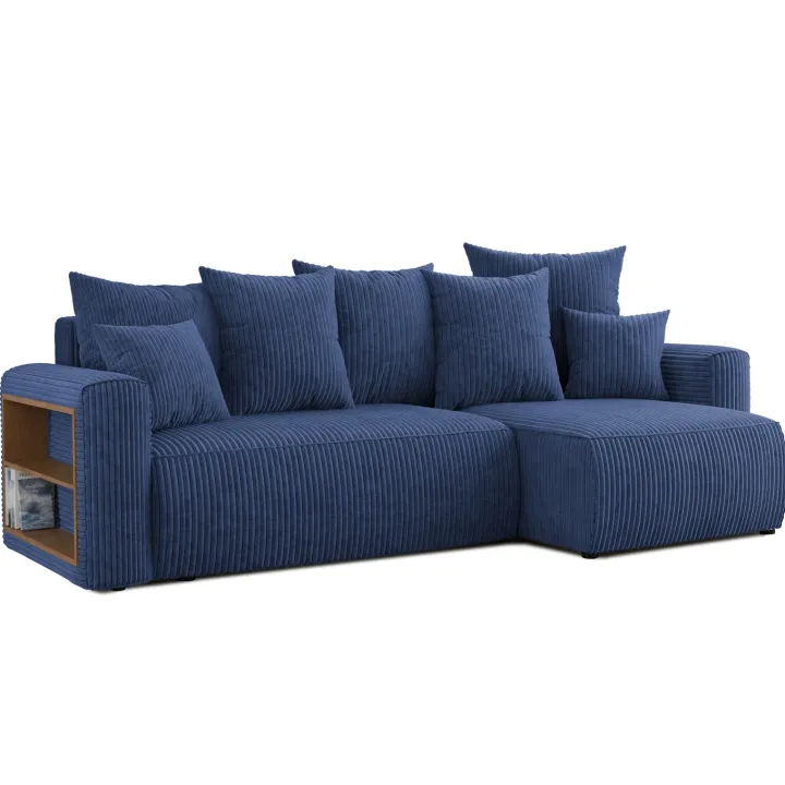 Divano letto angolare reversibile 238x142cm velluto a coste con libreria a sinistra blu Mistery