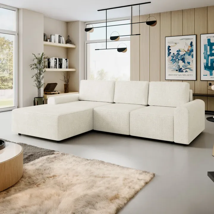 Divano letto angolare sinistra 3 posti 258x168 cm con contenitore a trama sottile beige Olivon