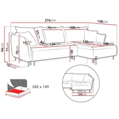Divano letto angolare sinistro 3 posti 276x158cm tessuto grigio scuro Angle