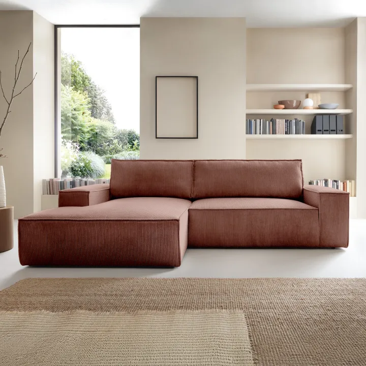 Divano letto angolare sinistra 3 posti 267x167cm velluto a coste rosa Relaxion