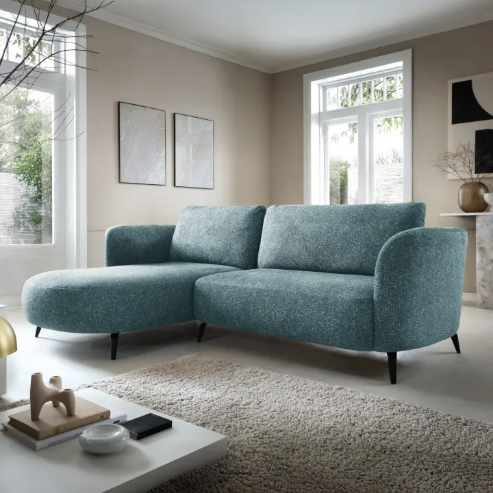Divano letto angolare sinistra 3 posti 260x180cm tessuto bouclè azzurro Repose