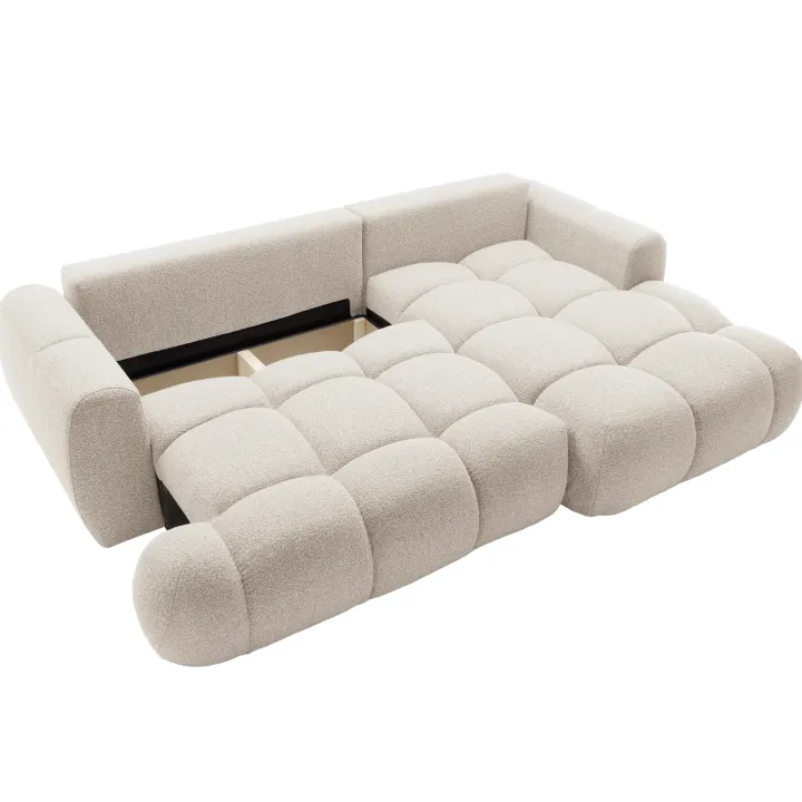 Divano letto con angolo a destra 4 posti 270x173cm con contenitore tessuto bouclé bianco crema Litos