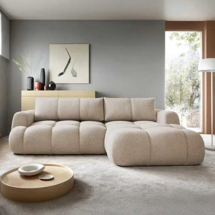 Divano letto con angolo a destra 4 posti 270x173cm con contenitore tessuto bouclé beige Litos