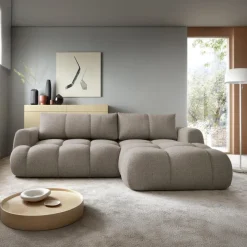 Divano letto con angolo a destra 4 posti 270x173cm con contenitore tessuto bouclé grigio tortora Litos