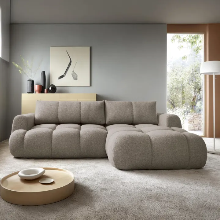 Divano letto con angolo a destra 4 posti 270x173cm con contenitore tessuto bouclé grigio tortora Litos