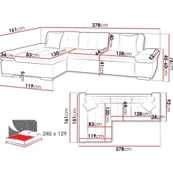 Divano letto con angolo a destra 4 posti 278x161cm contenitore grigio Zenia