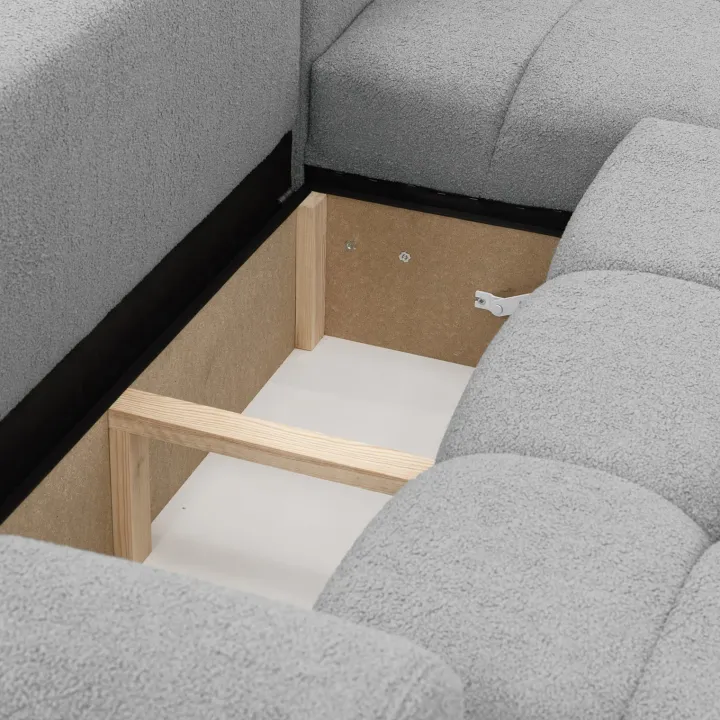 Divano letto con angolo a destra 4 posti 270x173cm con contenitore tessuto bouclé grigio chiaro Litos