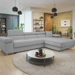 Divano letto con angolo a destra 4 posti 280x170cm box contenitore a coste grigio Elvio