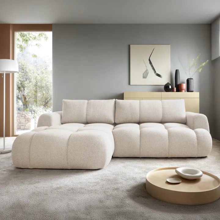 Divano letto con angolo a sinistra 4 posti 270x173cm con contenitore tessuto bouclé bianco crema Litos