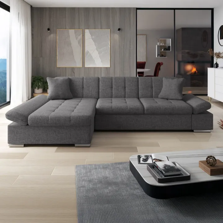Divano letto con angolo a sinistra 4 posti 278x161cm contenitore grigio Zenia