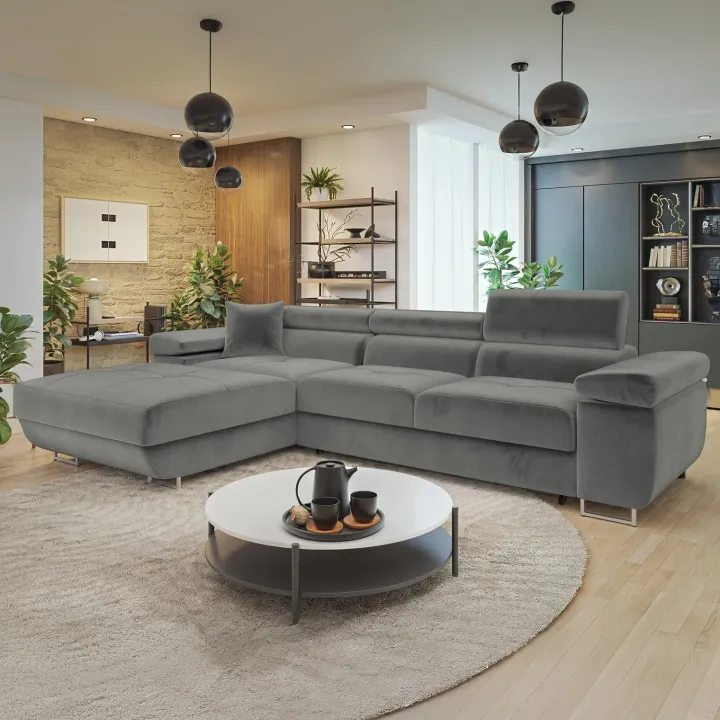 Divano letto con angolo a sinistra 4 posti 280x170cm box contenitore velluto grigio Elvio