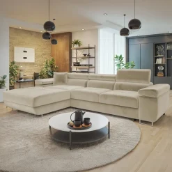 Divano letto con angolo a sinistra 4 posti 280x170cm box contenitore velluto beige Elvio