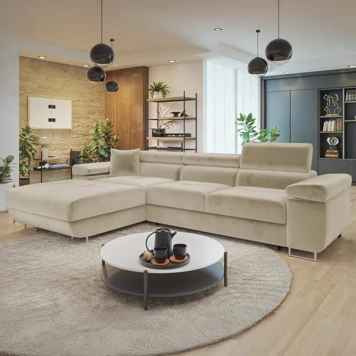 Divano letto con angolo a sinistra 4 posti 280x170cm box contenitore velluto beige Elvio