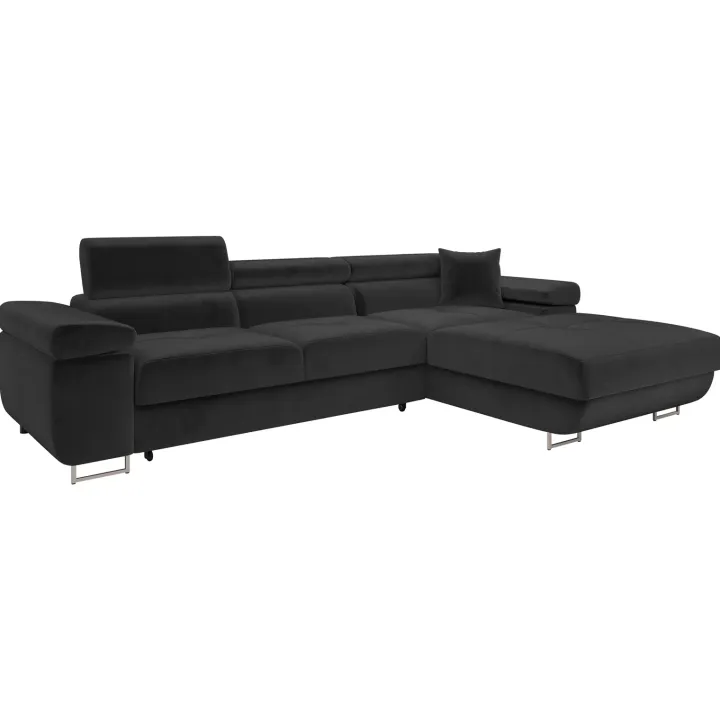 Divano letto con angolo a sinistra 4 posti 280x170cm box contenitore velluto nero Elvio