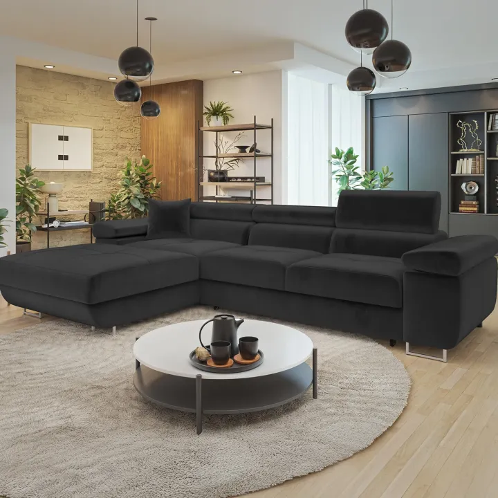 Divano letto con angolo a sinistra 4 posti 280x170cm box contenitore velluto nero Elvio