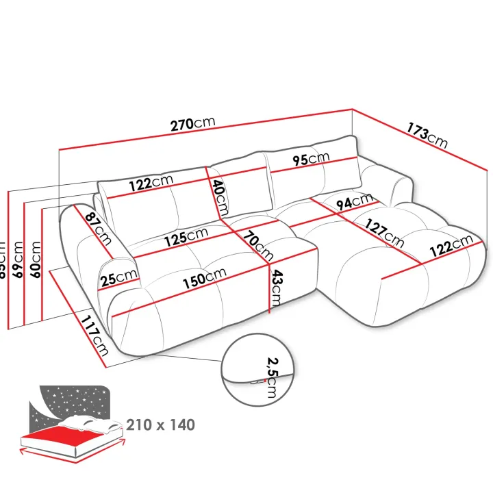 Divano letto con angolo a sinistra 4 posti 270x173cm con contenitore tessuto bouclé beige Litos