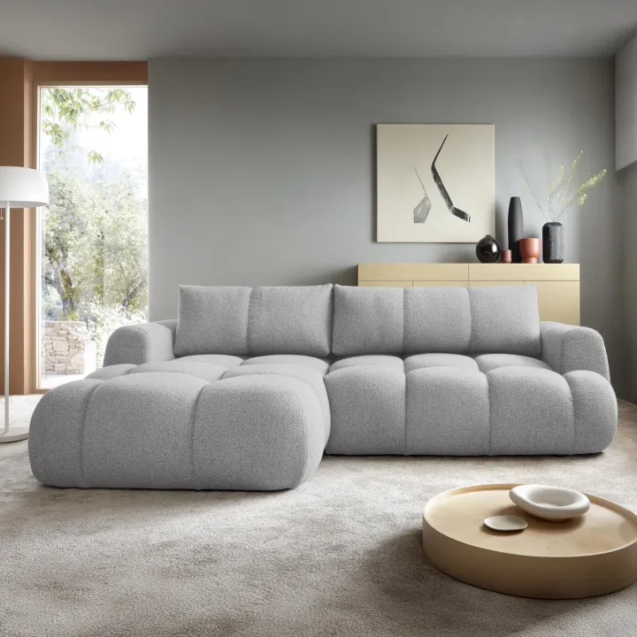 Divano letto con angolo a sinistra 4 posti 270x173cm con contenitore tessuto bouclé grigio chiaro Litos