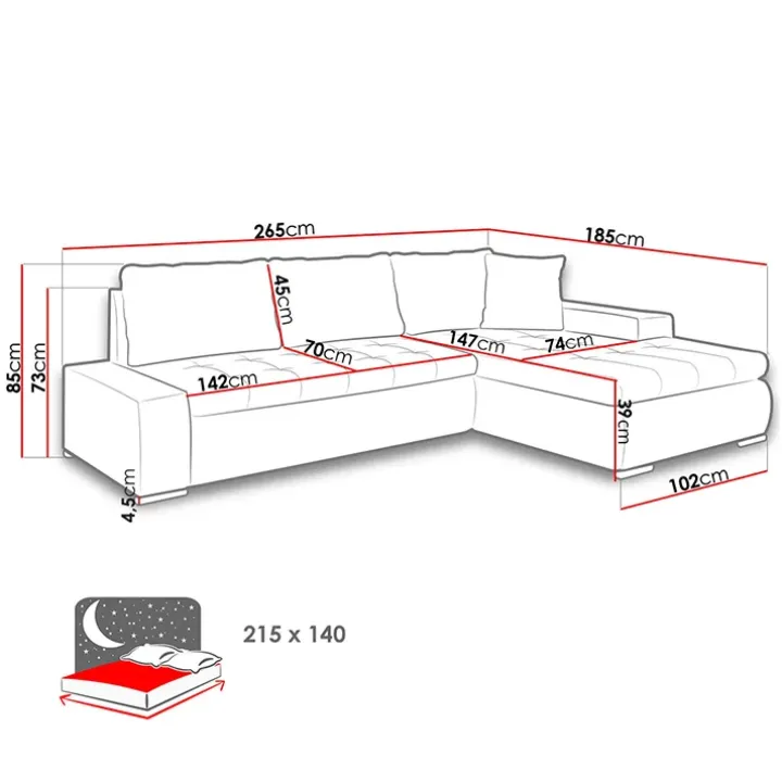 Divano letto matrimoniale reversibile 3 posti 265cm grigio chiaro e scuro Bette