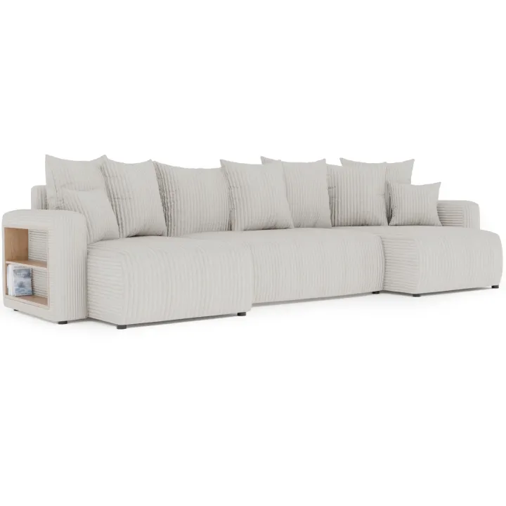 Divano letto panoramico 312x142cm velluto a coste con libreria a sinistra beige Mistery