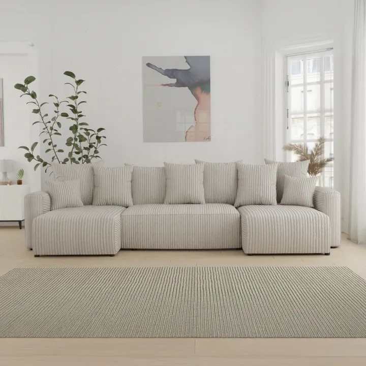 Divano letto panoramico 312x142cm velluto a coste con libreria a sinistra beige Mistery