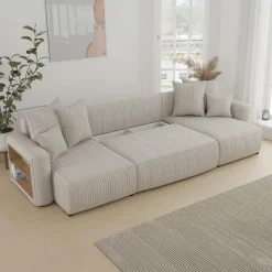 Divano letto panoramico 312x142cm velluto a coste con libreria a sinistra beige Mistery