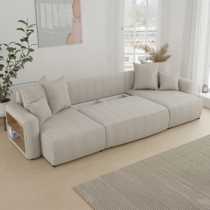 Divano letto panoramico 312x142cm velluto a coste con libreria a sinistra beige Mistery