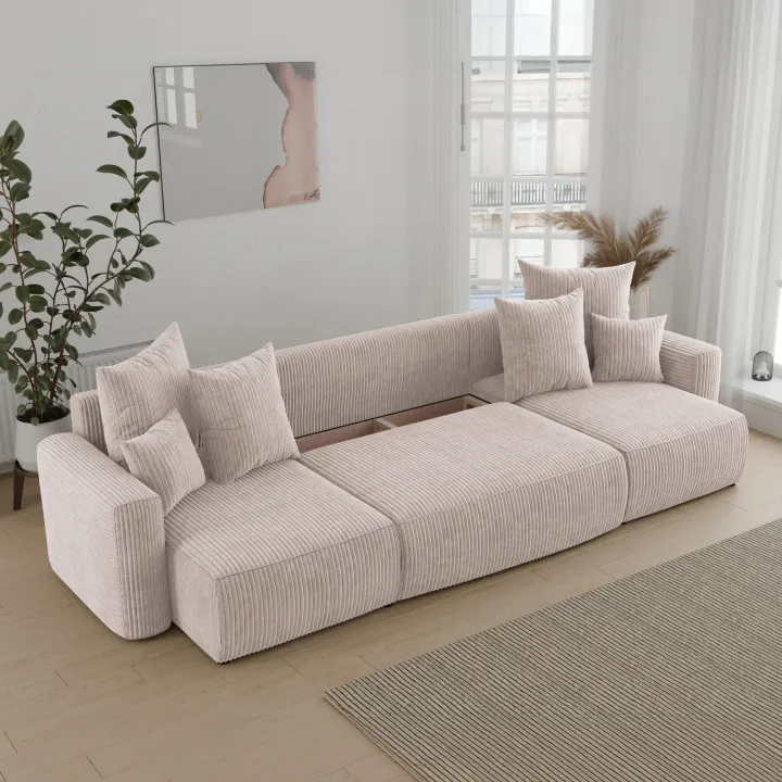 Divano letto panoramico 312x142cm velluto a coste beige Scintilla