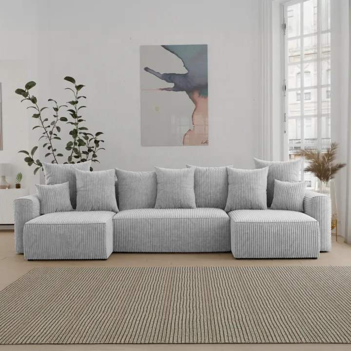 Divano letto panoramico 312x142cm velluto a coste grigio chiaro Scintilla