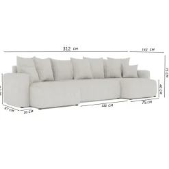 Divano letto panoramico 312x142cm velluto a coste grigio chiaro Scintilla