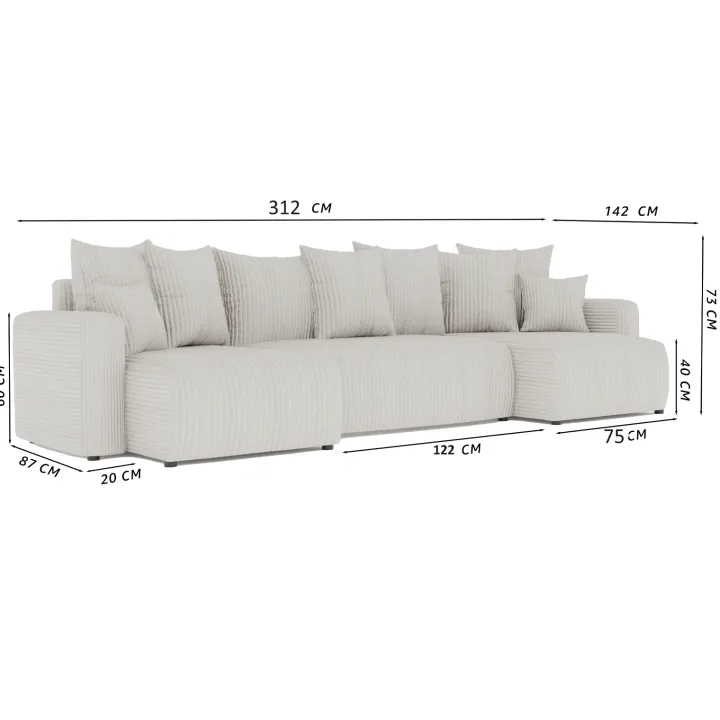 Divano letto panoramico 312x142cm velluto a coste grigio chiaro Scintilla