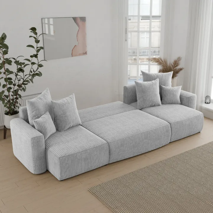 Divano letto panoramico 312x142cm velluto a coste grigio chiaro Scintilla