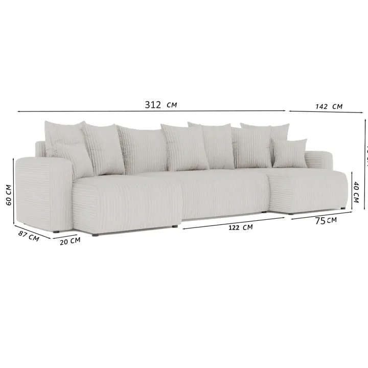 Divano letto panoramico 312x142cm velluto a coste antracite Scintilla