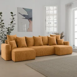 Divano letto panoramico 312x142cm velluto a coste giallo senape Scintilla