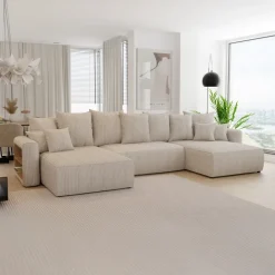 Divano letto panoramico 350x160cm velluto a coste con libreria a sinistra beige Mistery