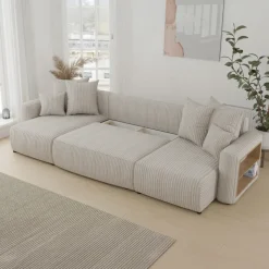 Divano letto panoramico 312x142cm velluto a coste con libreria a destra beige Mistery