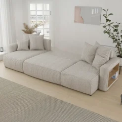 Divano letto panoramico 312x142cm velluto a coste con libreria a destra beige Mistery