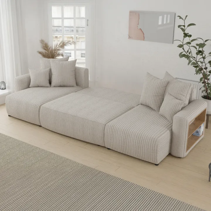 Divano letto panoramico 312x142cm velluto a coste con libreria a destra beige Mistery