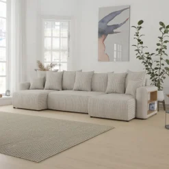 Divano letto panoramico 312x142cm velluto a coste con libreria a destra beige Mistery