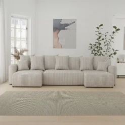 Divano letto panoramico 312x142cm velluto a coste con libreria a destra beige Mistery